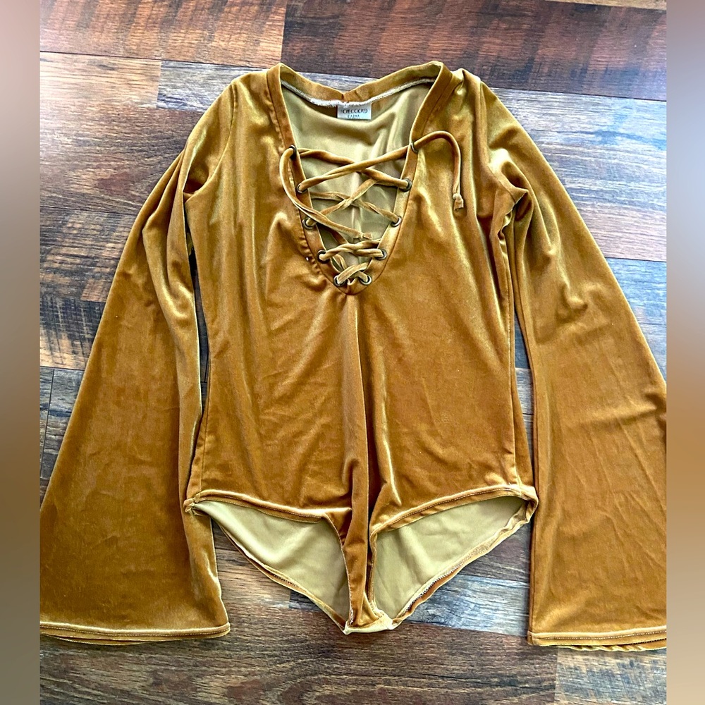 Lace up velvet body suit with bell sleeves, size L
